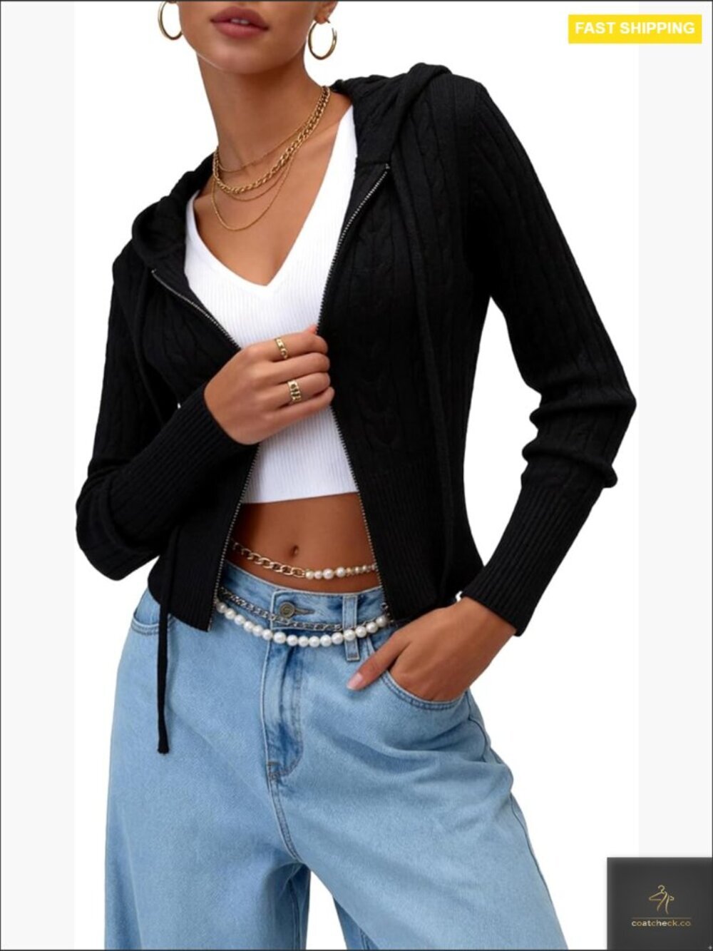 Zip Up Hoodie Cropped Cardigan Cable Knit Y2k Jacket Long Sleeve Spring